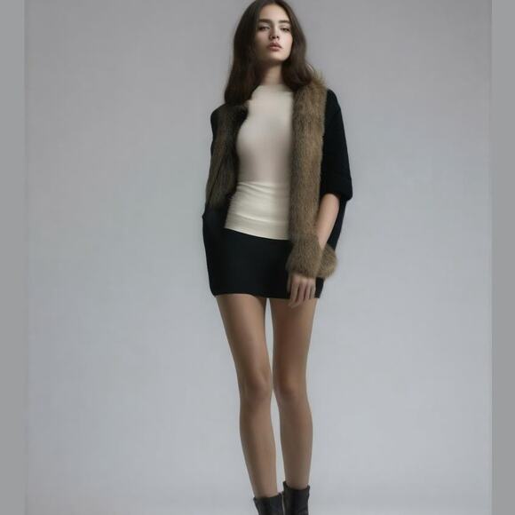 Alberto Makali Black Loose Knit Designer Faux Fur Trim Caplet Sweater Cardigan L - Picture 1 of 13